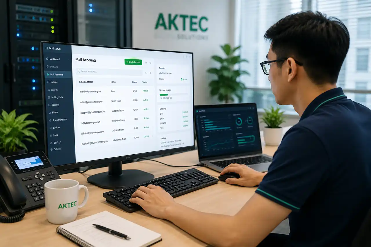 Một kỹ sư CNTT đang cấu hình hệ thống trên màn hình.