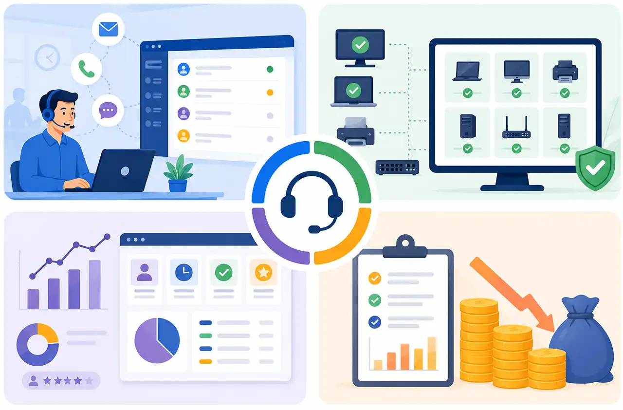 Tính năng của giải pháp Helpdesk và quản lý tài sản doanh nghiệp Hệ thống ticket nội bộ chuyên nghiệp Tạo và quản lý ticket hỗ trợ tập trung. Nhân viên gửi yêu cầu trực tiếp hoặc qua email. Theo dõi trạng thái xử lý theo thời gian thực. Phân công kỹ thuật viên phụ trách. Thiết lập SLA và cảnh báo quá hạn. Lưu trữ đầy đủ lịch sử xử lý. Quản lý tài sản CNTT tập trung Quản lý laptop, máy tính, máy in và thiết bị mạng. Theo dõi người sử dụng và vị trí thiết bị. Quản lý Asset Tag và Serial Number. Theo dõi tình trạng sử dụng. Quản lý bảo hành và hợp đồng bảo trì. Theo dõi license phần mềm. Tự động kiểm kê tài sản IT Giải pháp hỗ trợ tự động thu thập thông tin thiết bị, giúp doanh nghiệp tiết kiệm thời gian kiểm kê. Thông tin có thể theo dõi bao gồm: CPU. RAM. Ổ cứng. Mainboard. Card mạng. Địa chỉ IP. Hệ điều hành. Tên máy tính. Danh sách phần mềm đã cài đặt. Dashboard và báo cáo quản trị Tổng hợp số lượng ticket hỗ trợ. Theo dõi tỷ lệ xử lý đúng hạn. Đánh giá KPI bộ phận IT. Thống kê tài sản theo phòng ban. Báo cáo thiết bị sắp hết bảo hành. Báo cáo định kỳ phục vụ công tác quản lý.