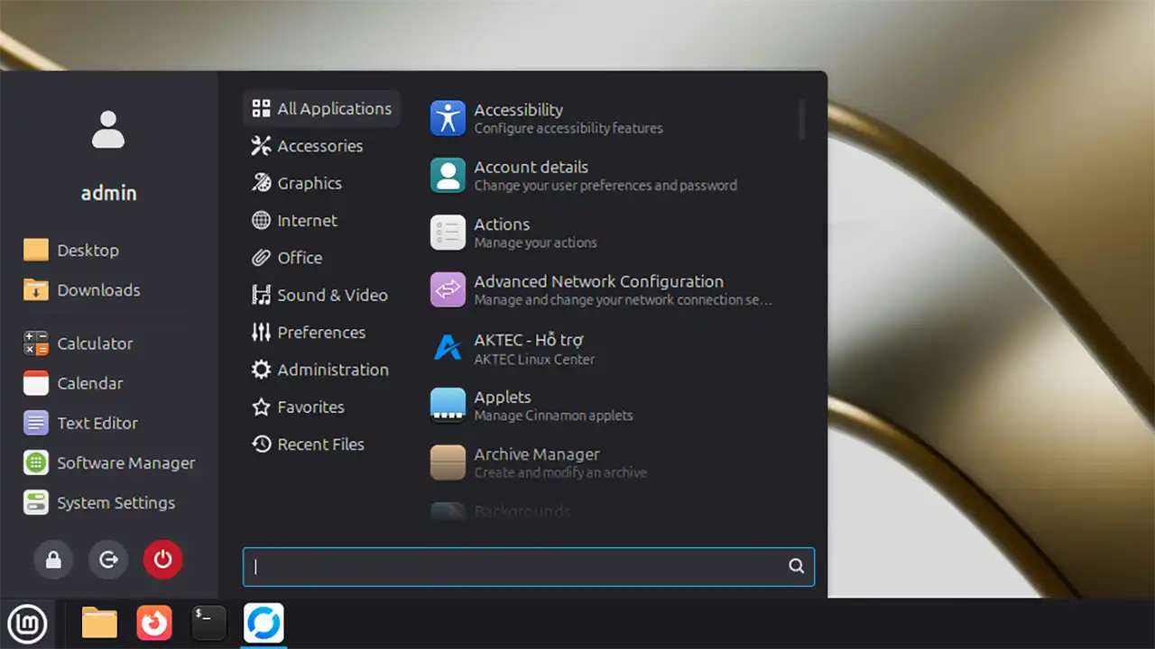 Menu ứng dụng trên Linux Mint