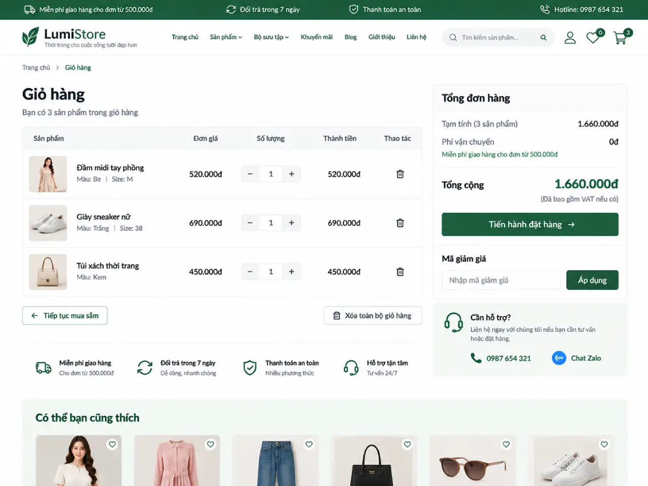 Mẫu Website Bán Hàng Thời Trang – Trang giỏ hàng