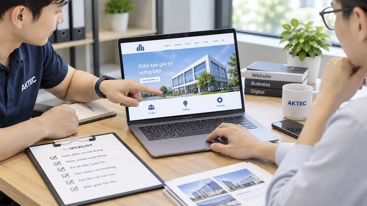 Nhân viên và khách hàng cùng kiểm tra website trước khi bàn giao