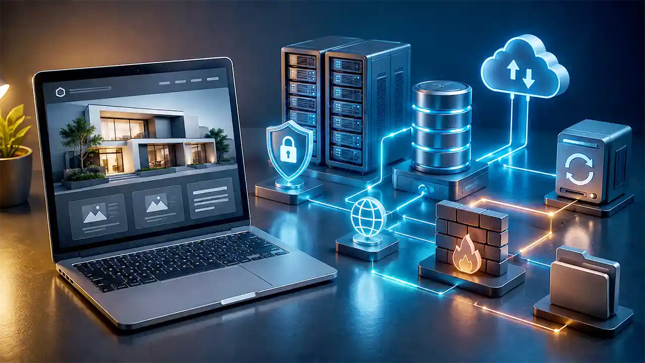Phía sau giao diện website là hệ thống hosting, dữ liệu, bảo mật và các thành phần kỹ thuật cần được quản lý.