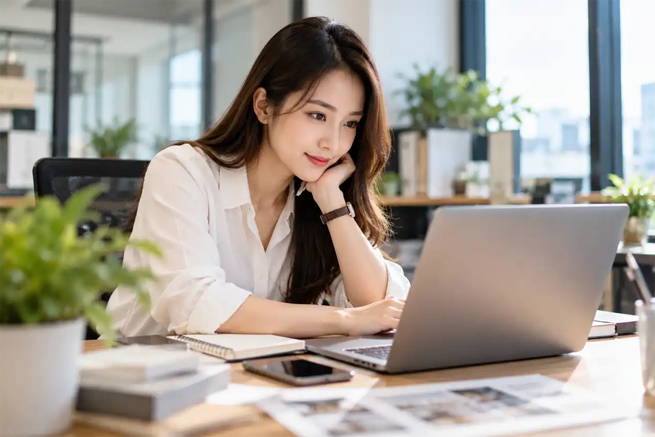 Khách hàng xem và đánh giá website công ty trên laptop