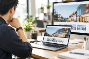 Nhân viên doanh nghiệp xem và thiết kế website công ty trên máy tính tại văn phòng hiện đại