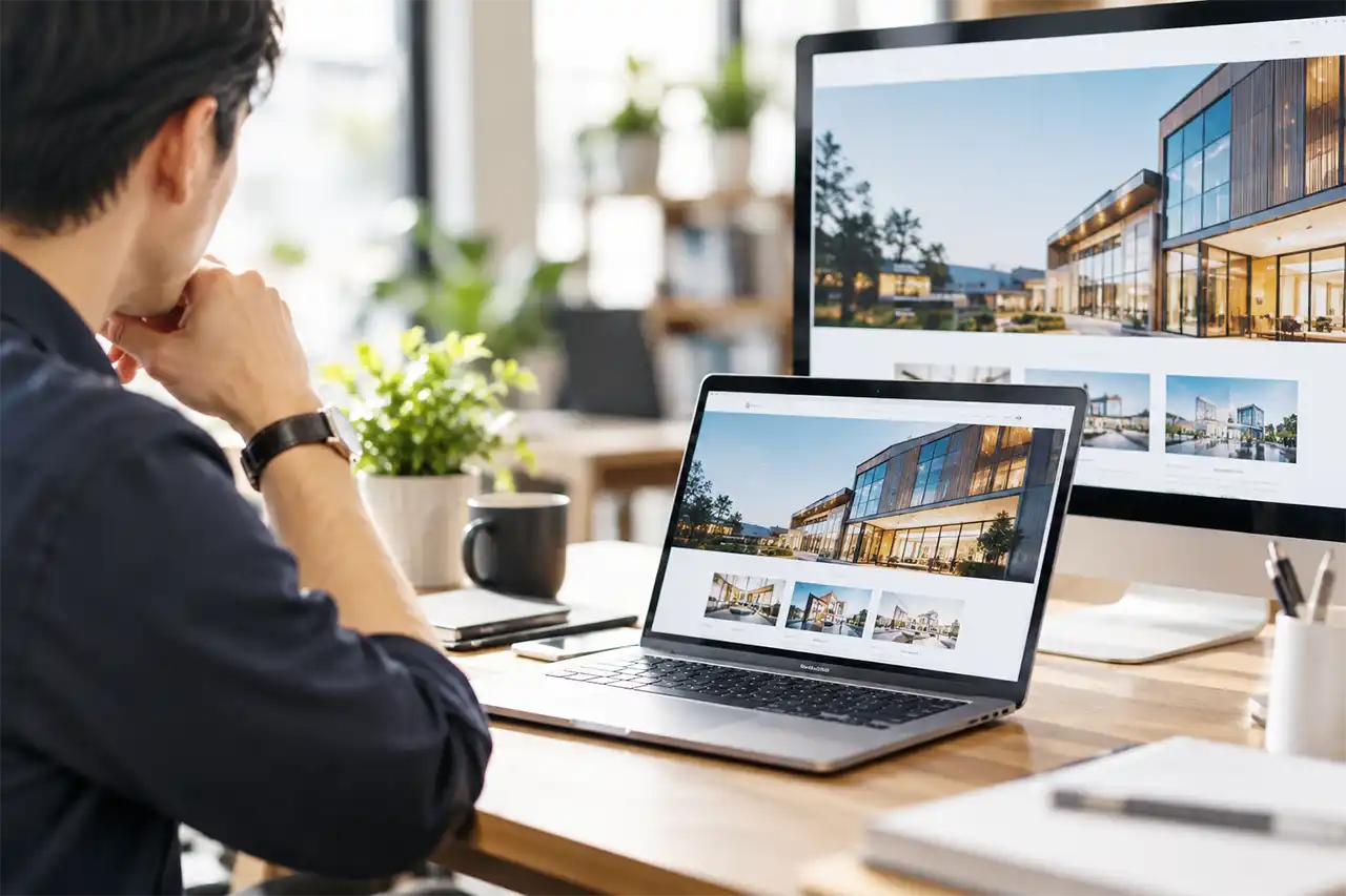 Nhân viên doanh nghiệp xem và thiết kế website công ty trên máy tính tại văn phòng hiện đại